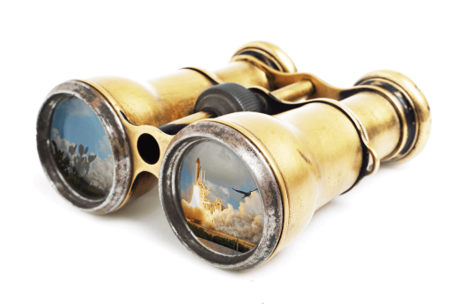 See the Advantages of Digital Marketing Services - golden binoculars with images of space launch and other possibilities