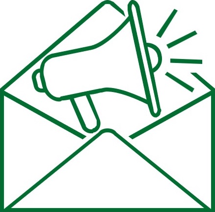 Graphic icon of megaphone in opened envelope