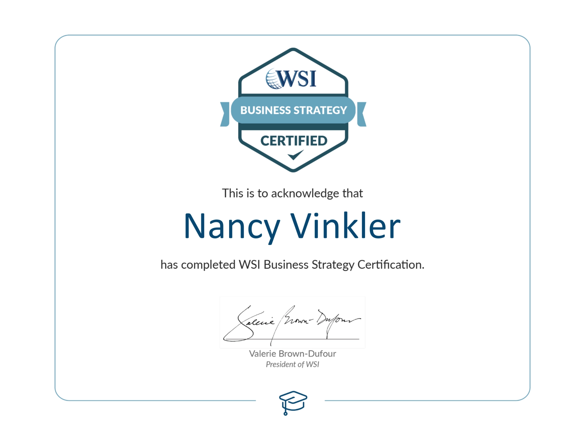 Certificate for Nancy Vinkler